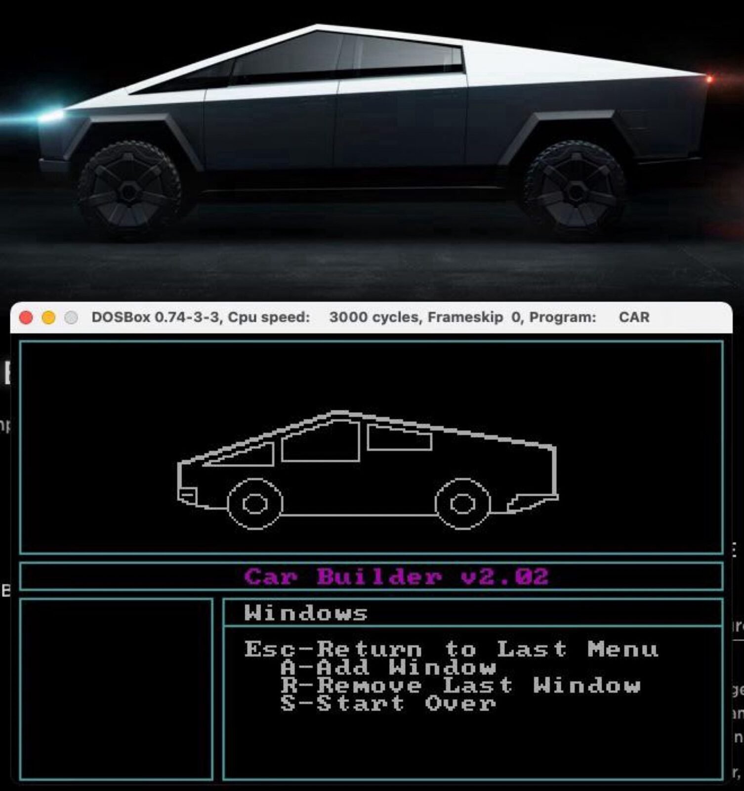 Tesla Cybertruck Car Builder (1982) Apple II (1977)