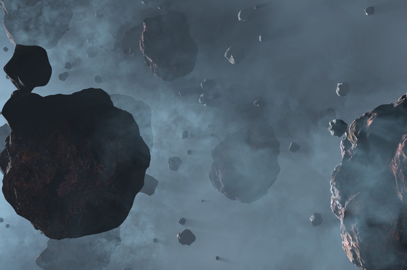 Space asteroid field with dust. Science fiction 3d render illustration.
