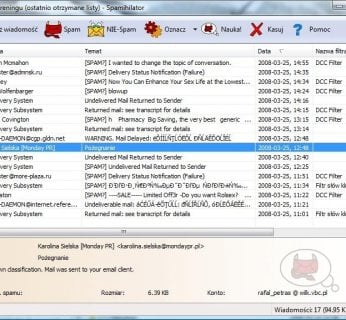 W obszarze treningowym programu Spamihilator możesz nauczyć filtr, co jest spamem, a co nie.