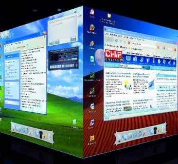 Efekt trójwymiarowego pulpitu, taki jak w Linuksie albo w Viście, jest teraz możliwy do uzyskania także w XP. Tutaj w postaci sześcianu zostały przedstawione dwa pulpity, standardowy pasek zadań Windows zastępuje w tym przypadku program RocketDock.