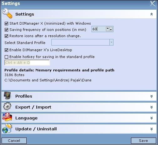 DIManager umożliwia zapisywanie układu ikon rozmieszczonych na Pulpicie.