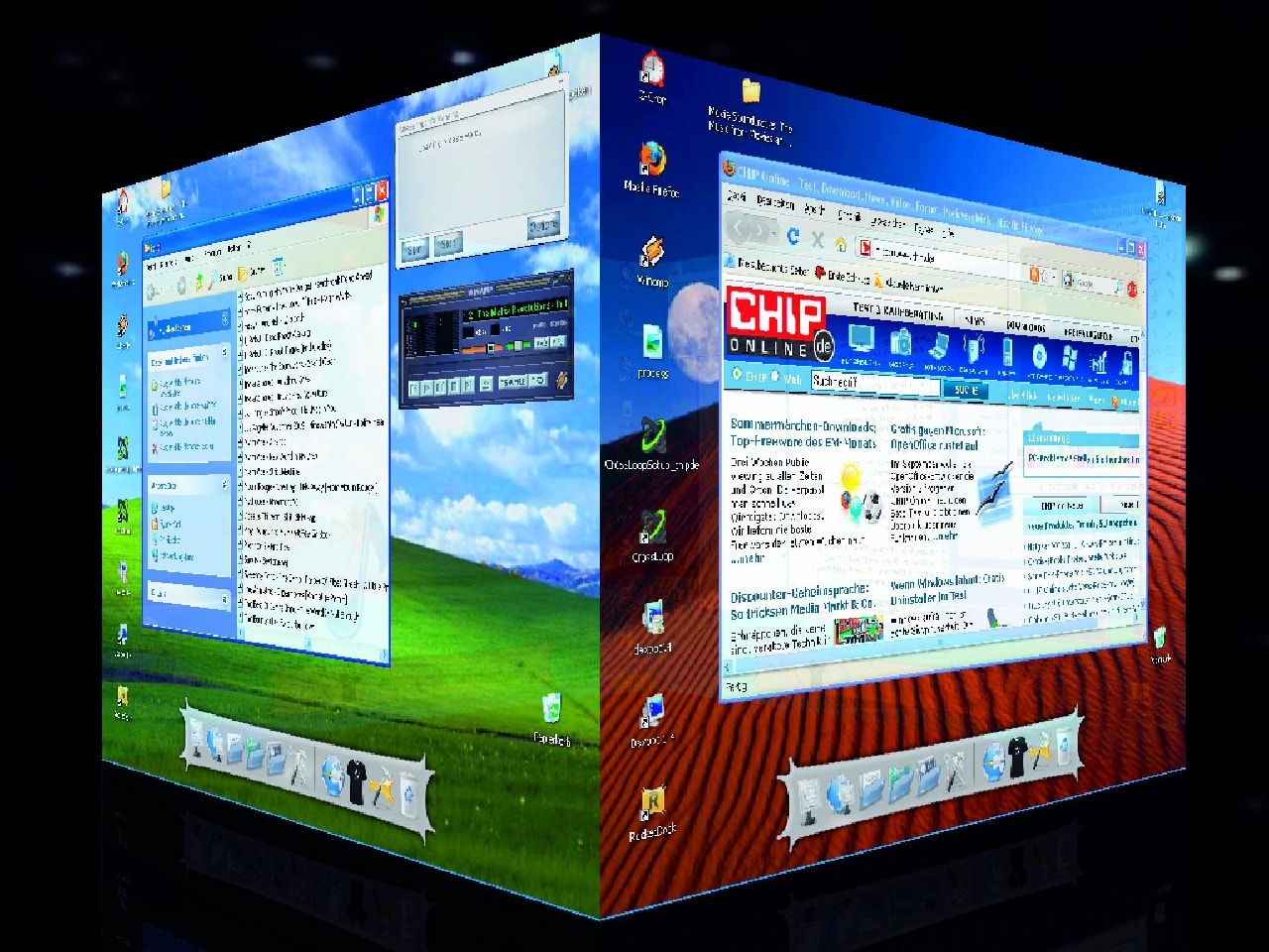 Efekt trójwymiarowego pulpitu, taki jak w Linuksie albo w Viście, jest teraz możliwy do uzyskania także w XP. Tutaj w postaci sześcianu zostały przedstawione dwa pulpity, standardowy pasek zadań Windows zastępuje w tym przypadku program RocketDock.