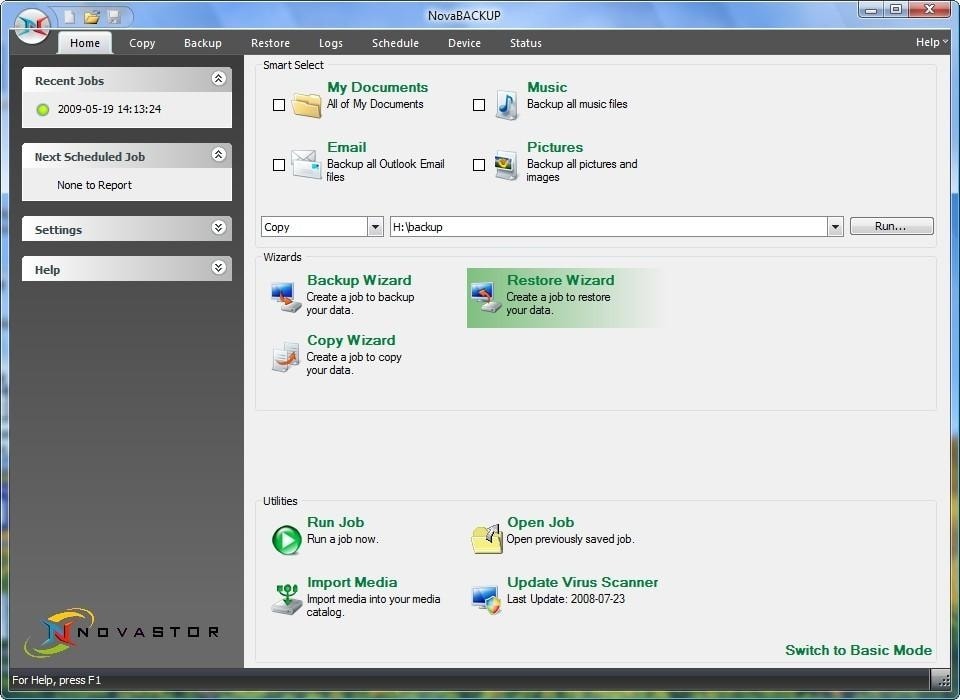 NovaBackup oferuje wiele różnych kreatorów, które mogą być bardzo pomocne podczas konfiguracji kopii zapasowej.