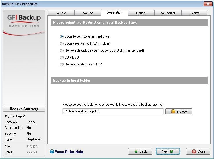 W kreatorze kopii zapasowych programu GFI Backup wybieramy źródło danych i dysk docelowy.