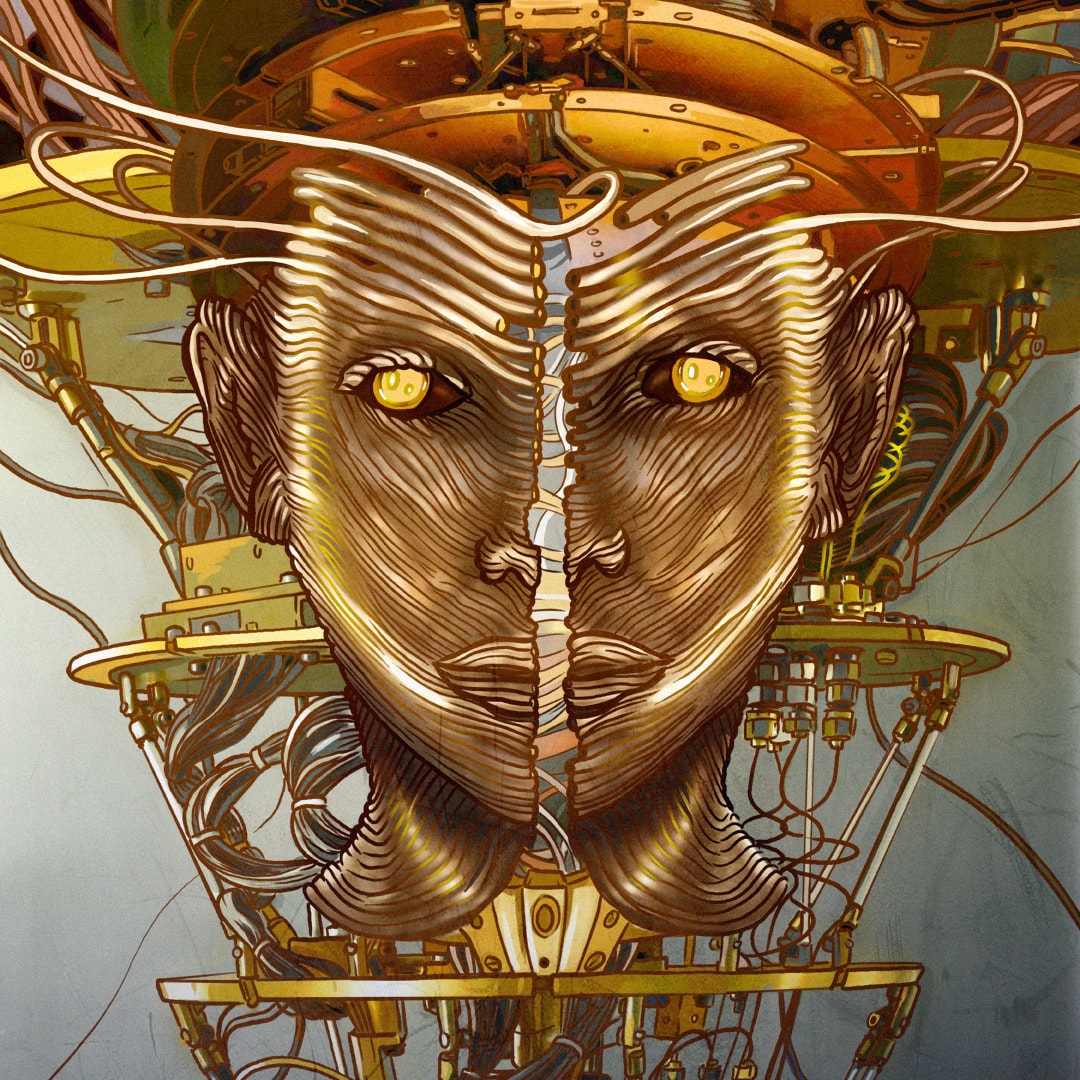 Mechaniczna twarz podzielona na pół.