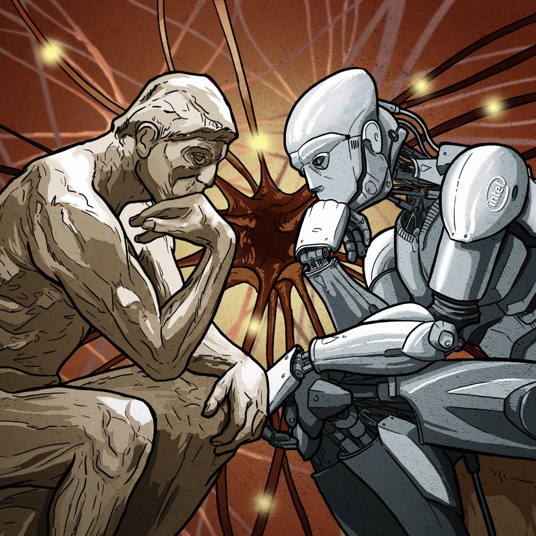 Zamyślony człowiek z gliny i android siedzący naprzeciw siebie; logo Intel.