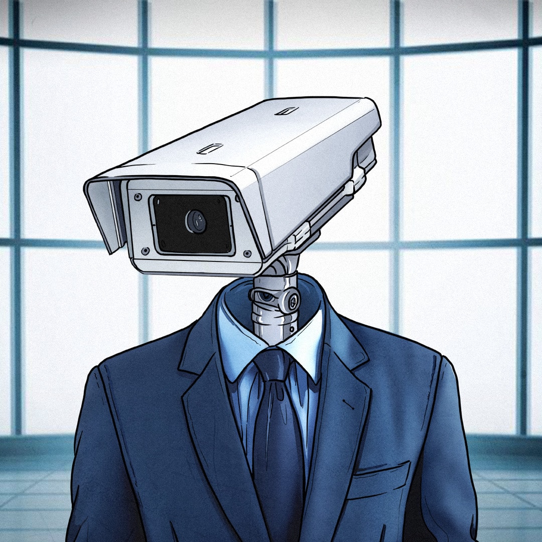 Postać w granatowym garniturze z kamerą zamiast głowy.