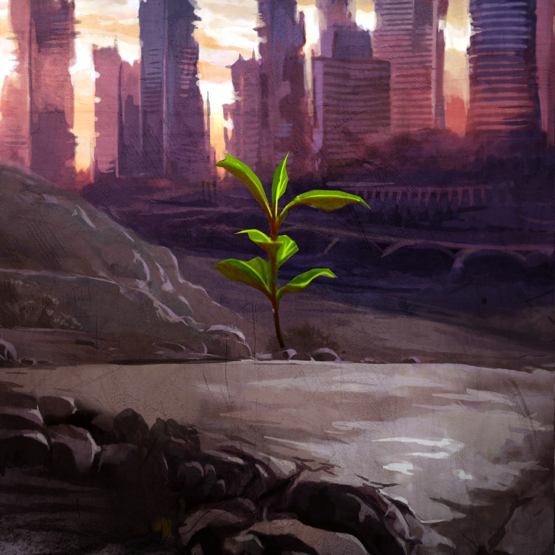 Pojedyncza zielona roślinka wyrastająca pośród gruzów opustoszałego miasta.